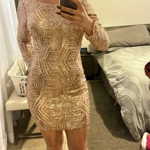 Sequin Long Sleeve Dress - Gold